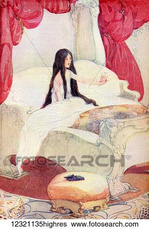 Stock Photograph - The House in the Wood, illustration from The Golden Wonder Book published 1934. The bed was of ivory, and the curtains of red velvet, and on a stool close by was placed a pair of slippers ornamented with pearls.. Fotosearch