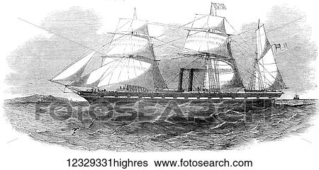 Stock Photograph - The Illustrated London News etching from 1853. The Antelope and Australian screw steam ship. Fotosearch