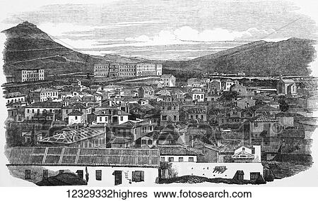 Stock Photograph - The Illustrated London News etching from 1853. A view of Athens in 1853. Fotosearch