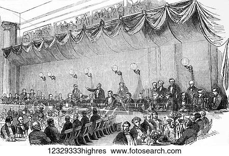 Stock Photograph - The Illustrated London News etching from 1853. The banquet for Mr Ingersoll, American minister in Manchester town hall. Fotosearch