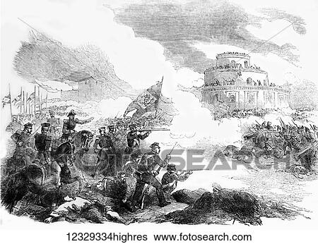 Stock Photograph - The Illustrated London News etching from 1853. The battle of Monte Caseros. Fotosearch