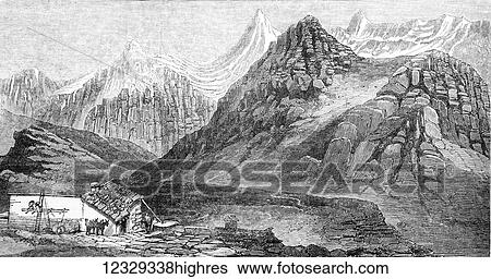 Stock Photograph - The Illustrated London News etching from 1853. View of Burmese Alps from Faulhorn. Fotosearch