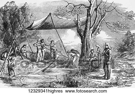 Stock Photograph - The Illustrated London News etching from 1853Watering party at Bassein creek during the Burmese war. Fotosearch