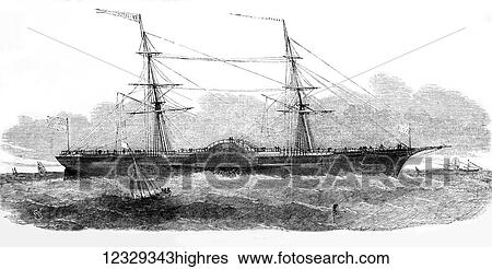 Stock Photograph - The Illustrated London News etching from 1853. The caloric steam ship Ericsson. Fotosearch