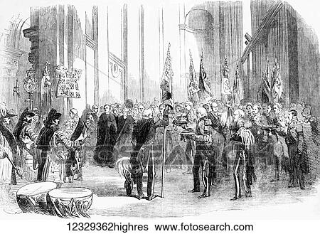 Stock Photograph - The Illustrated London News etching from 1853. The funeral of the Duke of Wellington: the entrance of the procession into at St Paul's cathedral, with Generals carrying batons.. Fotosearch