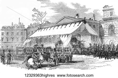 Stock Photograph - The Illustrated London News etching from 1853. Funeral of the Duke of Wellington - the Funeral Tent at Horse Guards, troops presenting arms. Fotosearch