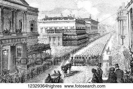 Stock Photograph - The Illustrated London News etching from 1853. The funeral procession of the Duke of Wellington along Pall Mall. Huge crowds of people soldiers.. Fotosearch