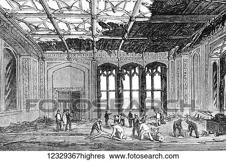 Stock Photograph - The Illustrated London News etching from 1853. the gothic dining room destroyed by fire at Windsor Castle. Fotosearch