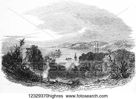 Stock Photograph - The Illustrated London News etching from 1853. HONDURAS Bay Islands Spanish Main Harbour. Fotosearch