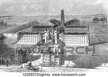 Stock Photograph - The Illustrated London News etching from 1853. The new city prison Holloway, London. Fotosearch