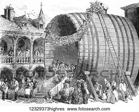 Stock Photograph - The Illustrated London News etching from 1853. The inauguration of a giant wine tun at Dieppe. Fotosearch