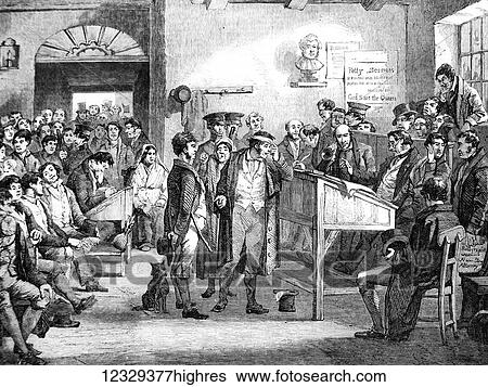Stock Photograph - The Illustrated London News etching from 1853, Petty sessions in an Irish court, Crooks, judges and audience witness the proceedings. Fotosearch
