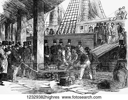 Stock Photograph - The Illustrated London News etching from 1853. Landing gold from the steam ship Australian at East India Dock LOndon. Fotosearch