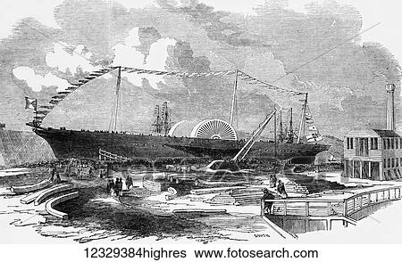 Stock Photograph - The Illustrated London News etching from 1853. The launch of the steam ship Vectis at Cowes for the Peninsular and Oriental company. Fotosearch