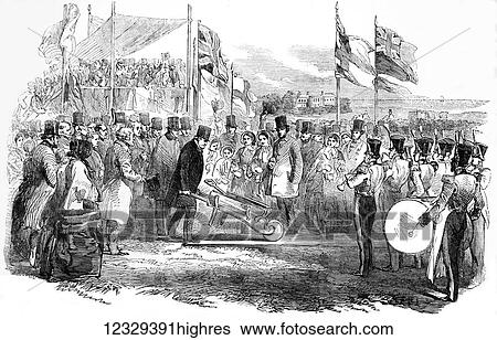 Stock Photograph - The Illustrated London News etching from 1853. the Marquis of Londonderry commencing the Seaham to Sunderland railway.. Fotosearch