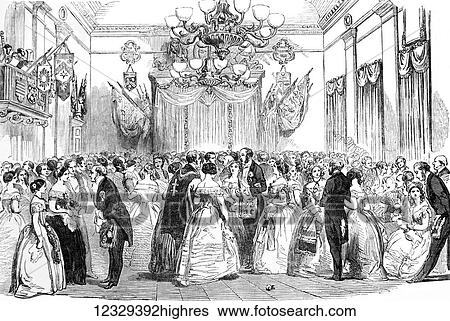 Stock Photograph - The Illustrated London News etching from 1853. A Masonic ball at the Town Hall in Salford. Fotosearch