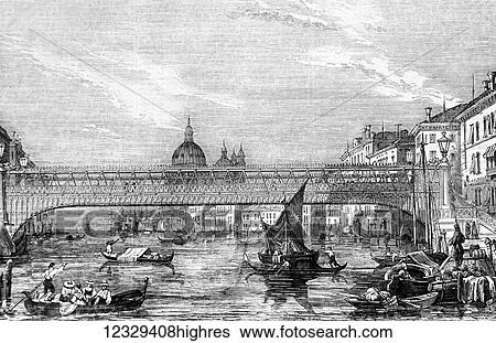 Stock Photograph - The Illustrated London News etching from 1853. A new bridge over the Grand Canal Venice.. Fotosearch