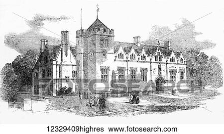 Stock Photograph - The Illustrated London News etching from 1853. New grammar school built in Lancaster 1853. Fotosearch