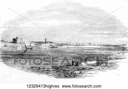 Stock Photograph - The Illustrated London News etching from 1853. Palace of Abba Pacha at Benha the site for the intended railways bridge for the Damietta branch of the Nile. Fotosearch