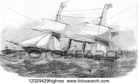 Stock Photograph - The Illustrated London News etching from 1853. Royal Mail steam ship La Plata. Fotosearch