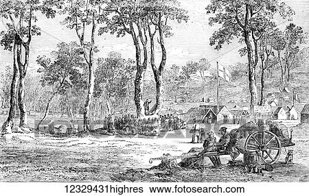 Stock Photograph - The Illustrated London News etching from 1853. Preaching on the sabbath at the Old Post Office, Forest Creek. Bishop Perry Preaching. Fotosearch