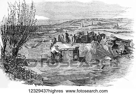 Stock Photograph - The Illustrated London News etching from 1853. The Gloucester and Aberystwyth mail coach in the river Frome. Fotosearch