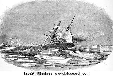 Stock Photograph - The Illustrated London News etching from 1853. The Isabel shipwrecked on ice at Talbot inlet. The search for sir John Franklin. Fotosearch
