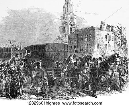 Stock Photograph - The Illustrated London News etching from 1853. Australian gold leaving the east India Dock, London for the Bank of Engalnd. Fotosearch
