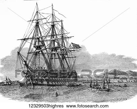 Stock Photograph - The Illustrated London News etching from 1853. The Hercules in Cambletown Harbour, the emigration from the Isle of Skye. Fotosearch