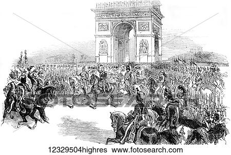Stock Photograph - The Illustrated London News etching from 1853, the entrance of the Emporer Napolian Bonaparte in Paris. Fotosearch