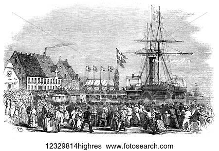 Stock Photograph - The Illustrated London News etching from 1854. Arrival of the King of denmark at Flensburg. Fotosearch