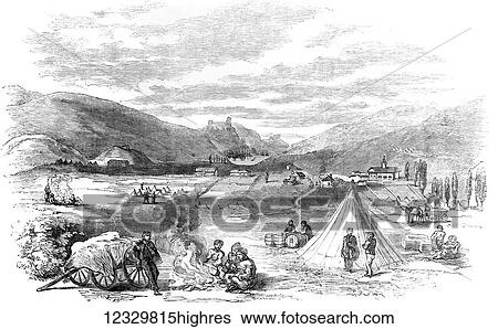 Stock Photograph - The Illustrated London News etching from 1854. Balaclava the scene of the successful calvalry charge, Crimea war. Fotosearch