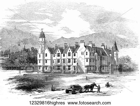 Stock Photograph - The Illustrated London News etching from 1854. Her majestys new castle at Balmoral from the north east. Fotosearch