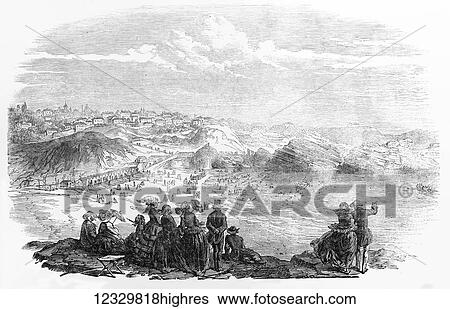 Stock Photograph - The Illustrated London News etching from 1854, Biaratz holiday beach. Fotosearch
