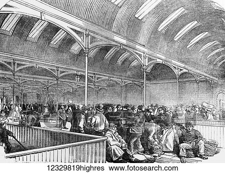 Stock Photograph - The Illustrated London News etching from 1854. Billingsgate new market. traders and people. Fotosearch