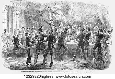 Stock Photograph - The Illustrated London News etching from 1854. Fraternization of British horse guards and the French cent gardes at Boulogne. Drinking her majestys health. Fotosearch