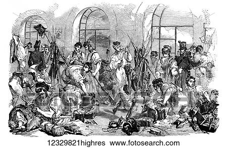 Stock Photograph - The Illustrated London News etching from 1854. British infantry in barracks at Gallipoli. Fotosearch