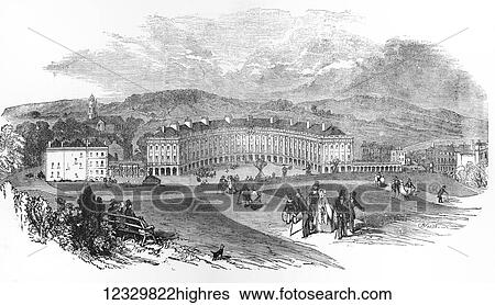 Stock Photograph - The Illustrated London News etching from 1854. Buxton, the new cresent and new baths. Fotosearch