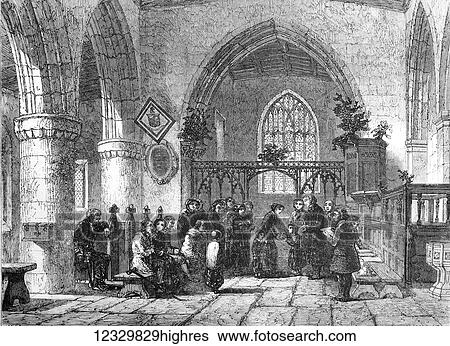 Stock Photograph - The Illustrated London News etching from 1854. The Christmas dole being given in church.. Fotosearch