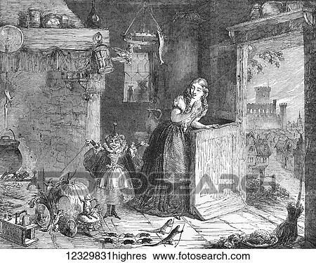 Stock Photograph - The Illustrated London News etching from 1854. Cinderella, painted by George Cruikshank. From the exhibition of the Royal Academy. Fotosearch