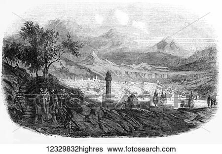 Stock Photograph - The Illustrated London News etching from 1854. The city of Kars in Asiatic Turkey. Fotosearch