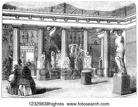 Stock Photograph - The Illustrated London News etching from 1854. The greekcourt at the Crystal Palace, Sydenham. Fotosearch