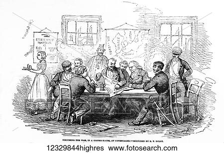 Stock Photograph - The Illustrated London News etching from 1854. Discussing the war in a coffee house at Copenhagen, Crimean War,. Fotosearch