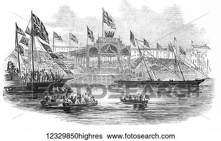 Stock Photograph - The Illustrated London News etching from 1854. Embarkation of her majesty Queen Victoria at Hull. Fotosearch