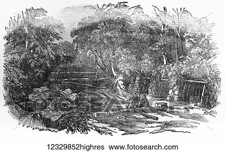 Stock Photograph - The Illustrated London News etching from 1854. ENtrance to the coal mines of Heraclea, on the Black sea. Fotosearch