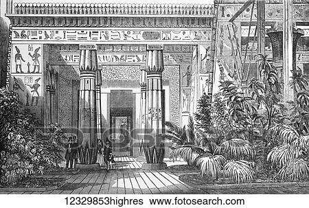 Stock Photograph - The Illustrated London News etching from 1854. The Crystal Palace, Egyptian court, entrance to the Tomb of Beni Hassan. Fotosearch