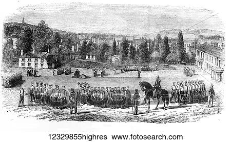 Stock Photograph - The Illustrated London News etching from 1854. Foot guards on squad drill, St Johns Wood barracks. Fotosearch