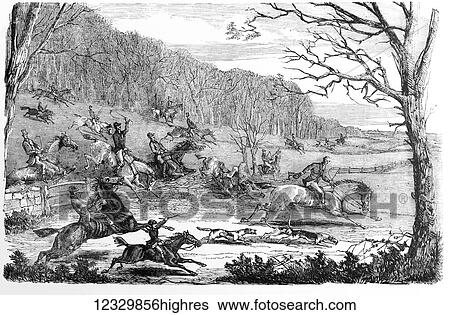 Stock Photograph - The Illustrated London News etching from 1854. Fox hunting running through countryside, horses, riders, hounds chasing a fox. Fotosearch