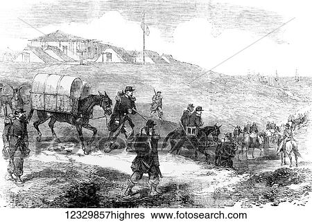Stock Photograph - The Illustrated London News etching from 1854. French ambulances before Sebastopol. Fotosearch