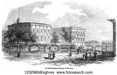 Stock Photograph - The Illustrated London News etching from 1854. The French military barraks outside Pera. Fotosearch
